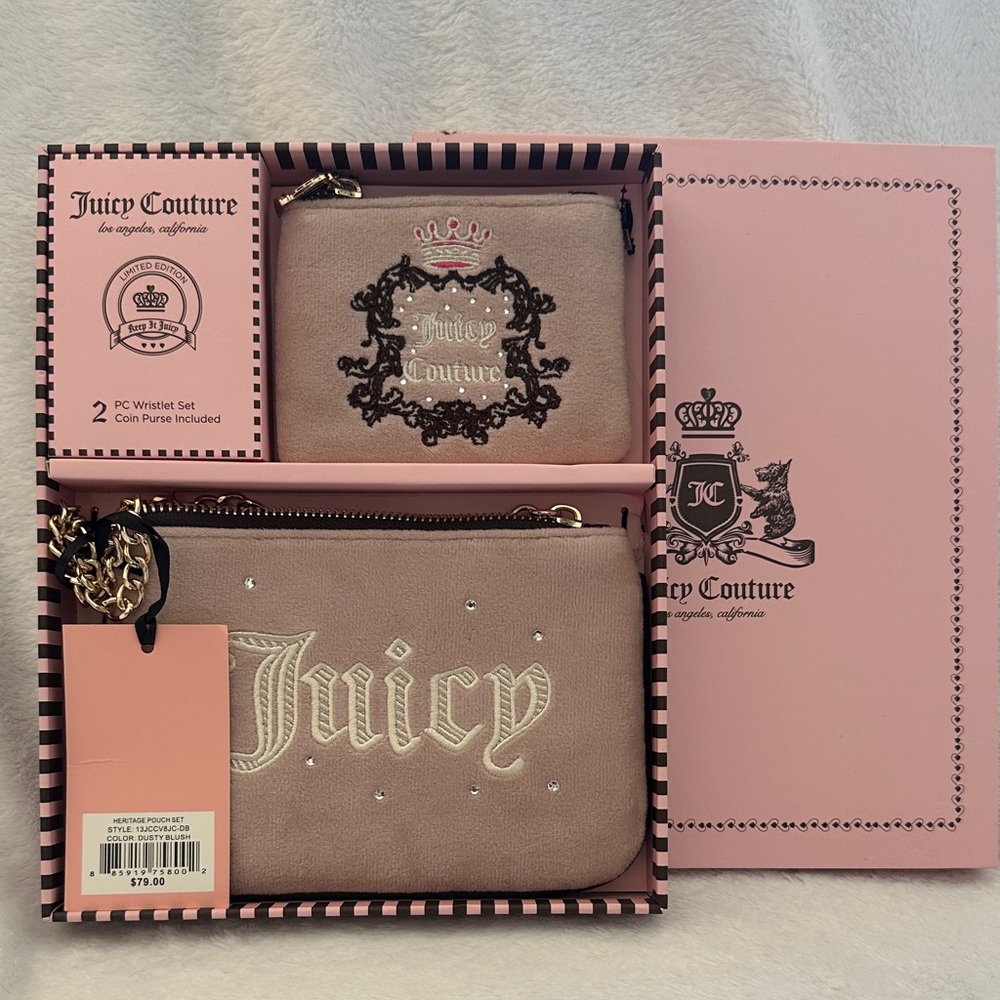 Juicy Couture Dusty Pink Wristlet and Coin Purse Set with Gold Accents